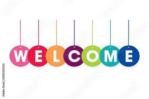 Colorful hanging circular welcome sign with strings