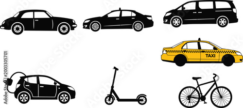 Transportation vehicle icons set with car taxi electric car scooter and bicycle silhouettes for urban mobility design