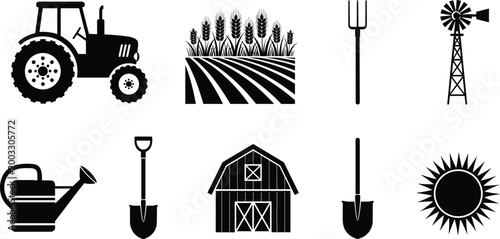 Agriculture and farming icons set with tractor wheat field tools barn windmill watering can and sun symbols