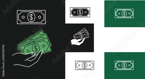 Set of 5 Money Bill and Cash Hand Icons for Financial Transactions and Payment Designs