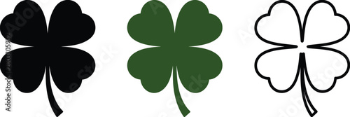 Four leaf clover, icons in black green and outline styles for St Patricks Day and luck symbols, minimal vector set, clean design, festive Irish theme, good fortune concept, decorative elements for 