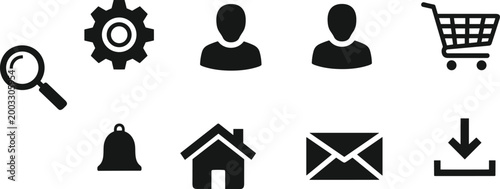 User interface icons set with search settings profile shopping cart notification home email and download symbols