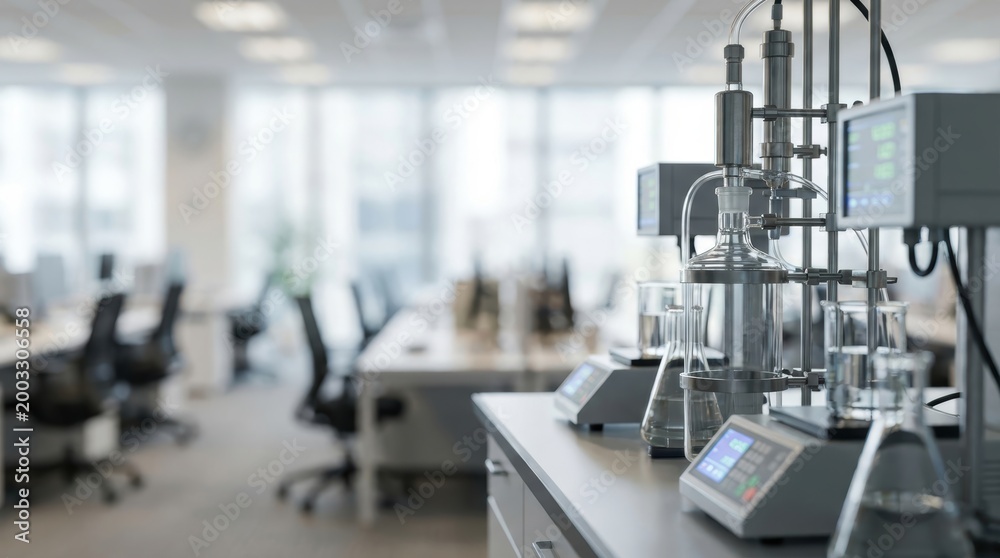 Fototapeta premium Laboratory equipment with glass beakers and digital scales on a workbench in a modern research facility