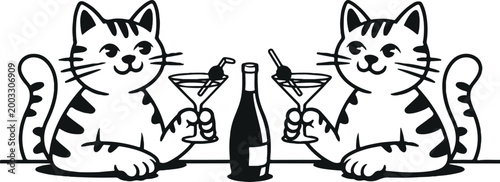 Two cartoon cats with cocktails and a bottle black and white line art