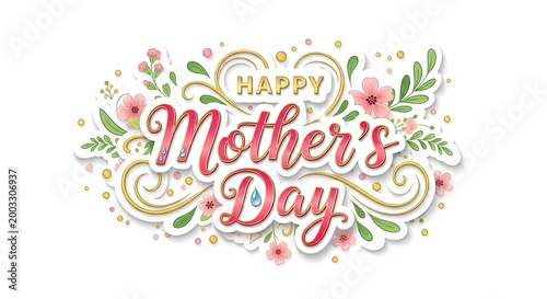 Happy Mother's Day premium 3D lettering with pink flowers and golden swirls.