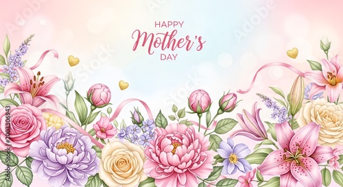 Happy Mother's Day premium 3D lettering with pink flowers and golden swirls.