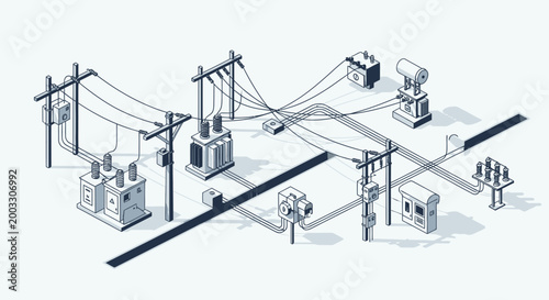 Isometric illustration of an electrical power grid showing interconnected utility poles, transformers, and distribution lines for energy transmission.
