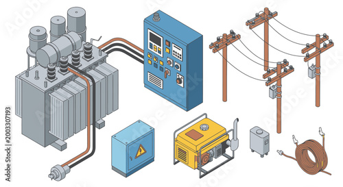 Isometric illustration of electrical power infrastructure components including transformer, control panel, utility poles, generator, and cables.