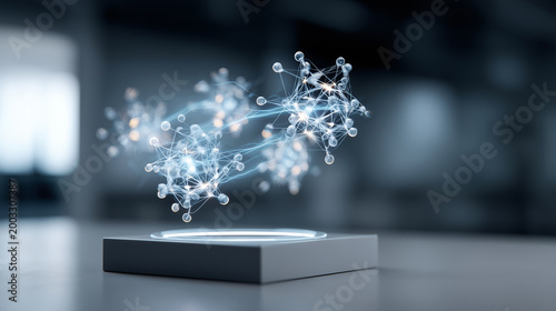 Floating hologram composition of a glowing quantum computer network with entangled qubit icons and code pathways above a clean bright dark-toned platform, quantum computing, advanc