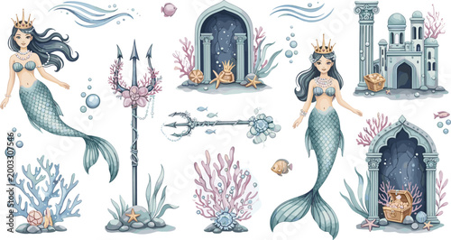Underwater Fantasy Mermaid Kingdom Collection Vector Illustration Featuring Sea Princess Trident Coral Palace and Ocean Treasure Elements Set