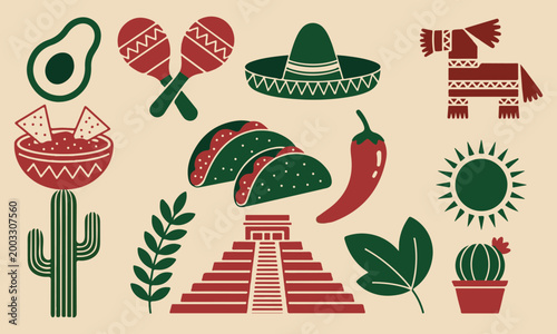 Mexican fiesta icons: avocado maracas sombrero pinata tacos with chili pepper