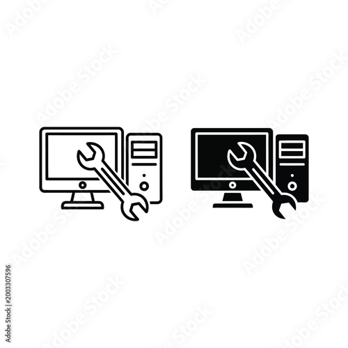 Computer repair icon with wrench and desktop