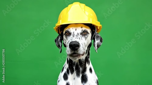 Dalmatian dog wearing a yellow construction hard hat, looking directly at the camera with a serious expression on a green background.