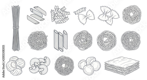 Schilderij op canvas Collection of pasta shapes and lasagna, illustration