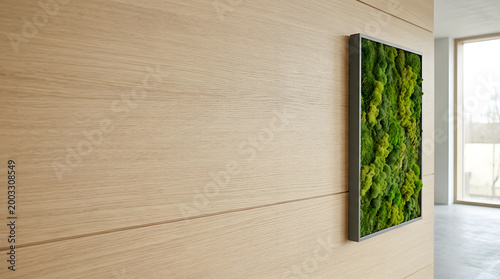Live Moss Wall Art on Wooden Panel Background: A rectangular frame containing preserved green moss decoratively mounted on a light oak wood paneled wall in a modern, minimalist room.