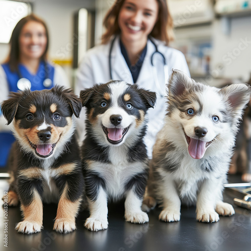 Three happy puppies visit the veterinarian with female staff in the background.