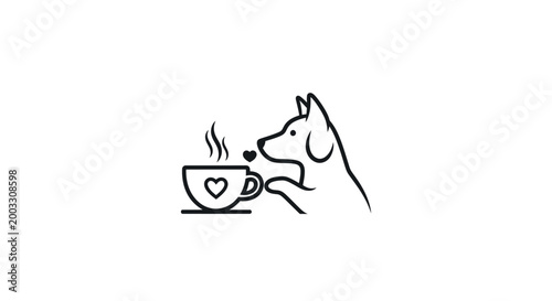 Dog enjoying a cup of coffee with heart symbol
