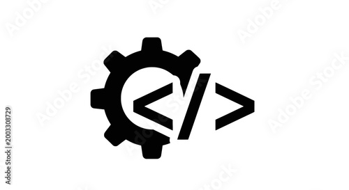 Coding symbol with gear icon.
