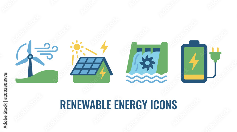 Fototapeta premium Collection of stylized illustrations representing various renewable energy sources, including wind, solar, hydro, and battery storage