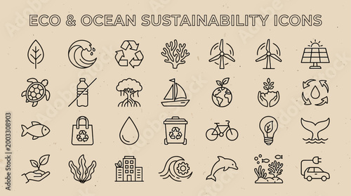 Diverse Line Art Icons Collection for Eco-Friendly Living, Ocean Conservation, and Sustainable Development Projects