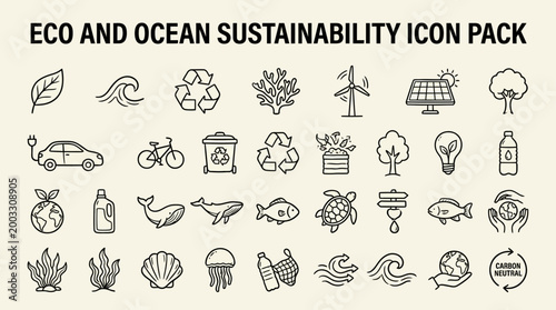 Vector line art collection of environmental protection and ocean sustainability icons, symbolizing eco-friendly solutions and green living concepts