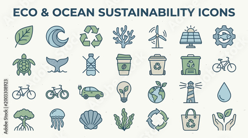 Comprehensive Vector Icon Collection for Eco-Friendly Initiatives and Ocean Sustainability Concepts, Promoting Environmental Conservation and Responsible Resource Management