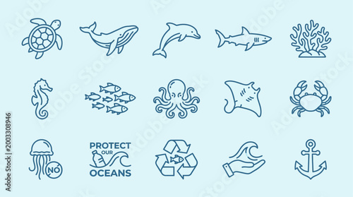 Comprehensive line art icon set illustrating diverse marine life and essential symbols for ocean conservation, emphasizing environmental protection and aquatic sustainability