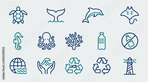 Marine Conservation Icons Representing Ocean Life, Recycling, and Environmental Protection