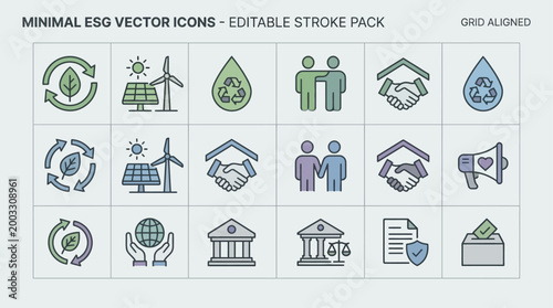 Comprehensive minimal vector icon set for ESG (Environmental, Social, Governance) principles, illustrating sustainability, corporate responsibility, and ethical business concepts