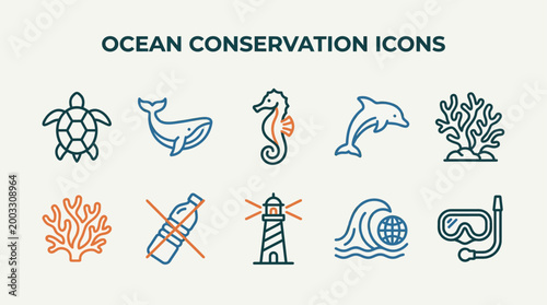 Ocean Conservation Icons A Collection of Marine Life and Environmental Protection Symbols