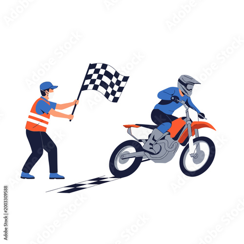 Tableau sur toile Motocross rider crossing checkered flag finish vector