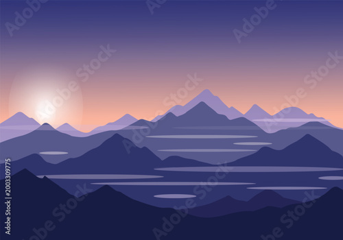 A serene mountain landscape at sunset with a large sun and a body of water in the foreground with purple and blue hues