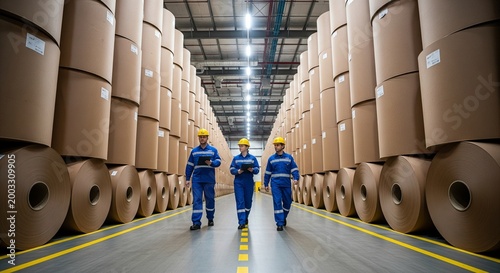 Warehouse workers in safety gear inspect large rolls of paper in a distribution center with high