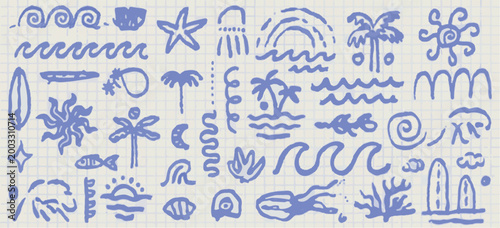 Blue doodle icons of ocean and tropical elements on grid paper Keywords: ocean, sea, tropical