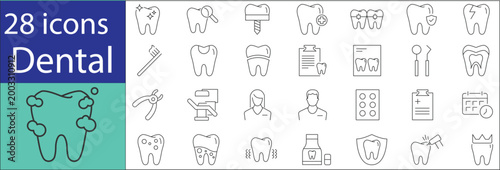 Modern dental icons collection with dentistry equipment, smile care, and treatment concepts. Minimal outline style perfect for websites, apps, presentations, and stock illustration use.
