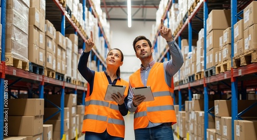 Warehouse workers in safety vests pointing and checking inventory on tablets amidst tall shelves