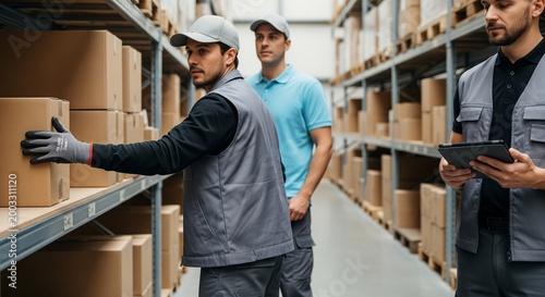 Warehouse workers in uniform with caps and vests handling boxes on shelves, one using a tablet