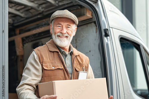 A smiling elderly man holds a cardboard box while standing by a delivery van, ready to make a delivery.