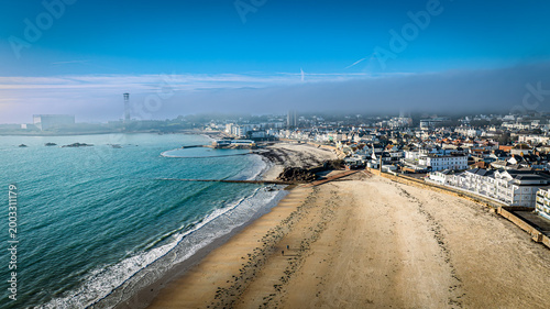 Bilde på lerret Aerial View of Havre des Pas Beach with Low Cloud and Coastal Town | St Helier J