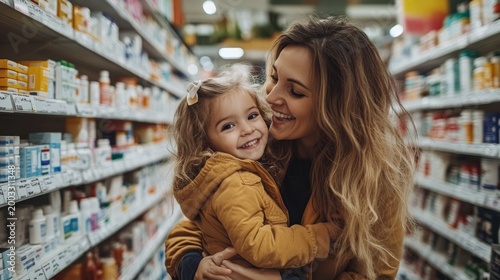 A happy mother hugs her daughter in the pharmacy aisle, creating a heart-warming backdrop for an advert promoting family values and caring for the health of loved ones.