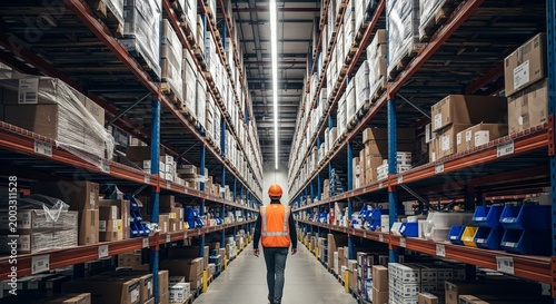 Warehouse worker in safety vest and hard hat walks down aisle between tall shelves filled with boxes