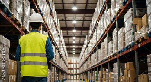 Warehouse worker in safety vest and helmet inspects tall shelves packed with boxes and goods