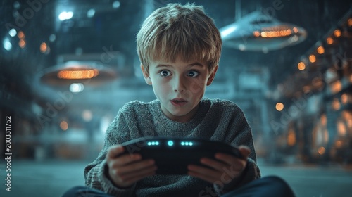 A boy holding a controller in a futuristic city provides a captivating backdrop for video game advertising and a discussion of the impact of technology on children’s imaginations.