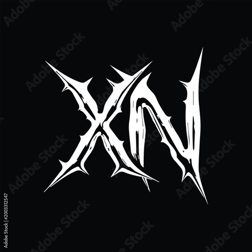 Abstract white jagged letters X and N on a black background, gothic or extreme style