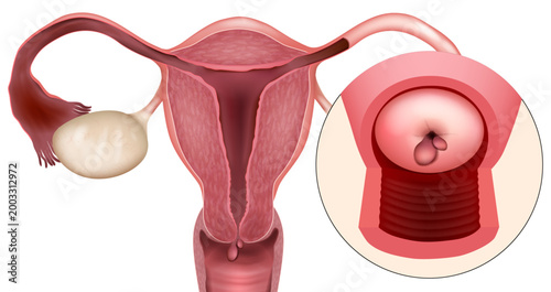 Uterine Cervix Polyp Detailed Gynecological Diagram with Zoomed View. Female Reproductive System with Cervical Polyp Close Up Medical Infographic