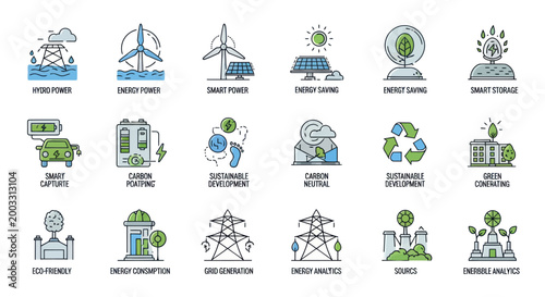 Renewable energy icons: solar, wind, hydro, electric car, battery, recycling