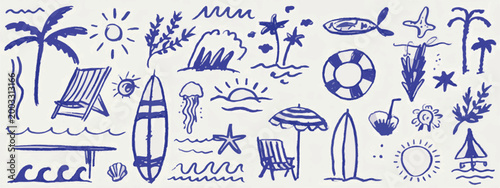 Blue Hand Drawn Summer Beach Elements Collage Keywords: summer, beach, vacation, travel, ocean