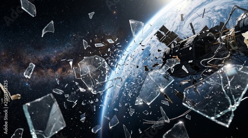 Satellite explosion in space with debris and earth in the background showing destruction