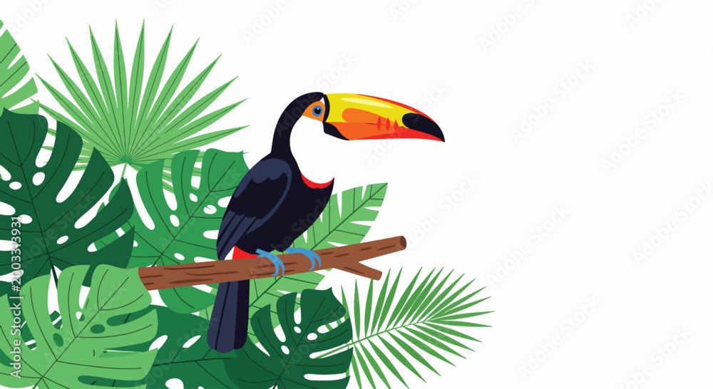 Naklejka premium Illustration of a colorful toucan perched on a branch surrounded by lush green tropical leaves on a white background with vibrant hues.