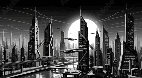 Futuristic Cityscape with Skyscrapers and Bridges.